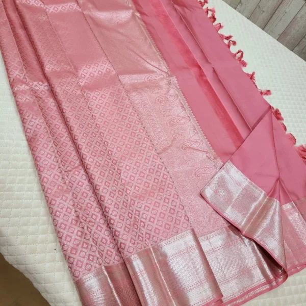 Pure Handwoven 1G Bridal Silver Zari Small Border Silk Sarees - CANDY SAREES