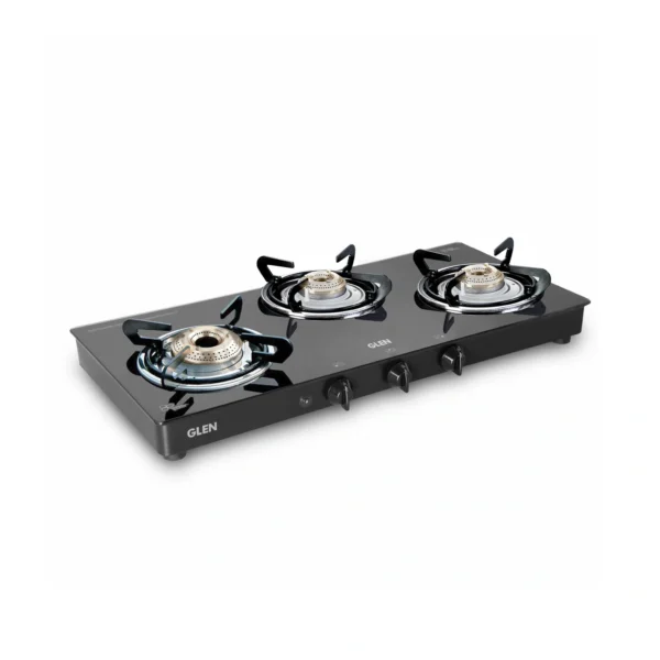 3 Burner Glass Gas Stove with High Flame Brass Burner Double Drip Tray (1032 GT HF BB DD BL-GLEN